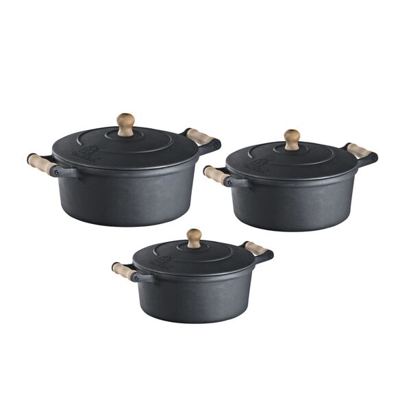 Jogo 3 Caçarolas Ferro E Alça Madeira 2 5  4 75 E 4 9 Litros