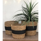 Jogo 3 Cestos Fibra Natural Organizador Palha Com Preto