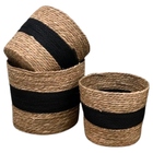 Jogo 3 Cestos Fibra Natural Organizador Palha Com Preto