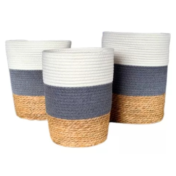 Jogo 3 Cestos Fibra Natural Organizador Planta Branco Cinza