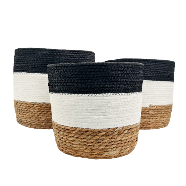 Jogo 3 Cestos Fibra Natural Preto E Branco Multiuso