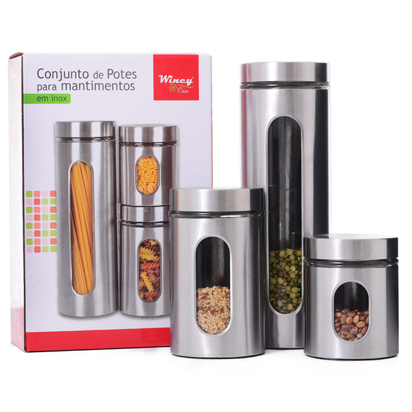 Jogo 3 Potes Para Mantimentos Inox E Vidro Tampa De Rosca