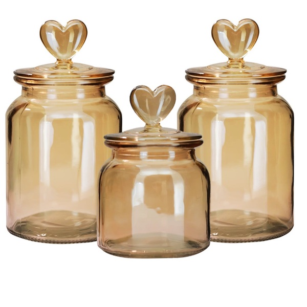 Jogo 3 Potes Vidro Âmbar Decor Afeto Coração 650ml E 1 Litro