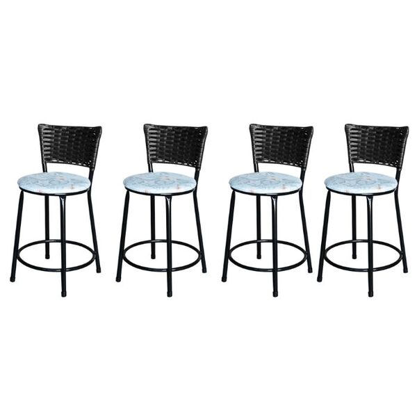 Jogo 4 Banqueta Baixa Para Cozinha Ratan Preta Estofado Flora