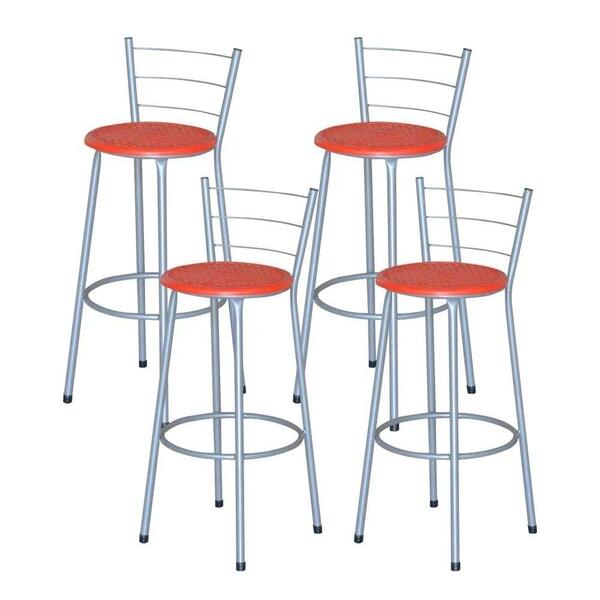 Jogo 4 Banquetas Altas Ratan Cinza Retro Vermelho