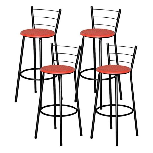 Jogo 4 Banquetas Altas Ratan Preta Retro Vermelho