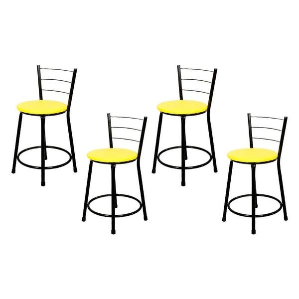 Jogo 4 Banquetas Baixa Para Cozinha Preta Assento Amarelo