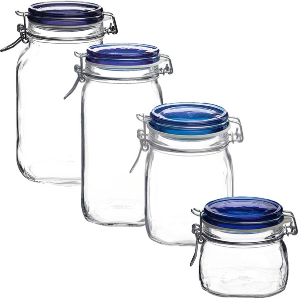 Jogo 4 Potes De Vidro Italiano Fido Hermético Tampa Azul 500,