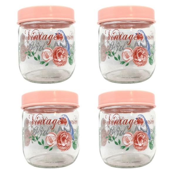 Jogo 4 Potes Vidro Vintage Bird 425ml Tampa Rosê Com Rosca -