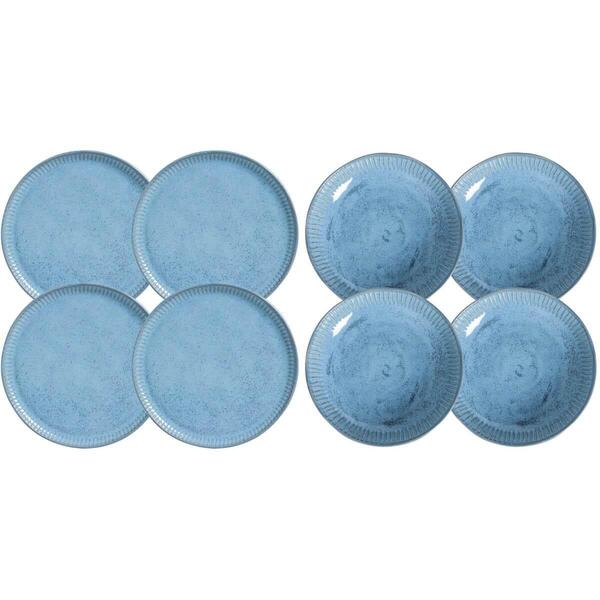Jogo 4 Pratos Rasos E 4 Pratos Fundos Cerâmica Azul Linhas Br