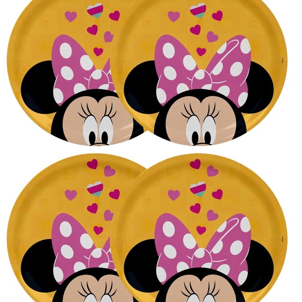 Jogo 4 Pratos Rasos Melamina Refeição Infantil Minnie Disney