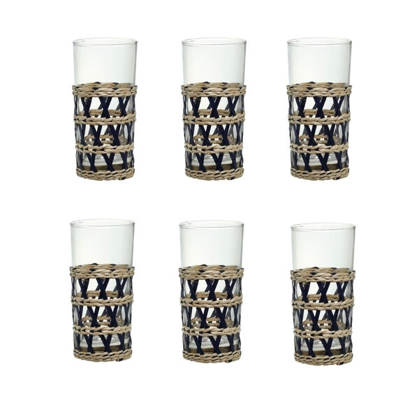 Jogo 6 Copos Altos Com Rattan - Palha Natural E Azul (400ml)