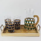 Jogo 6 Copos Altos Com Rattan - Palha Natural E Azul (400ml)