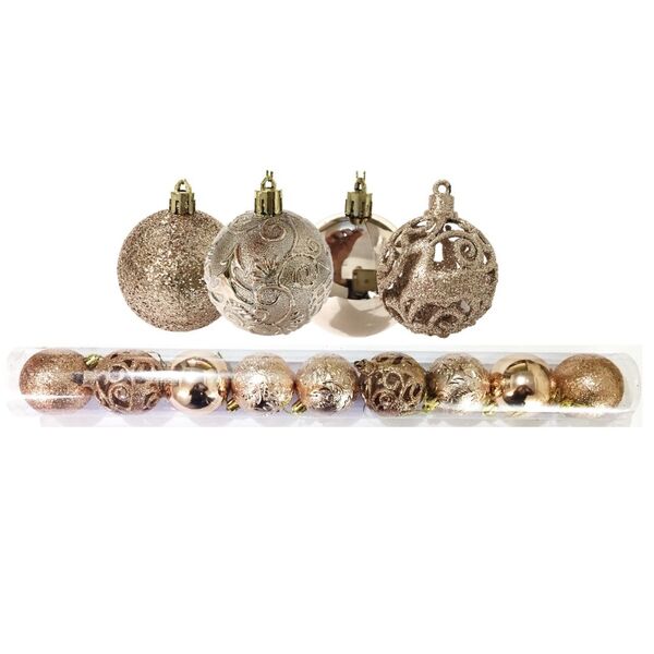 Jogo 9 Bolas Natal Mista Textura Arabescos Rena Champagne 6cm