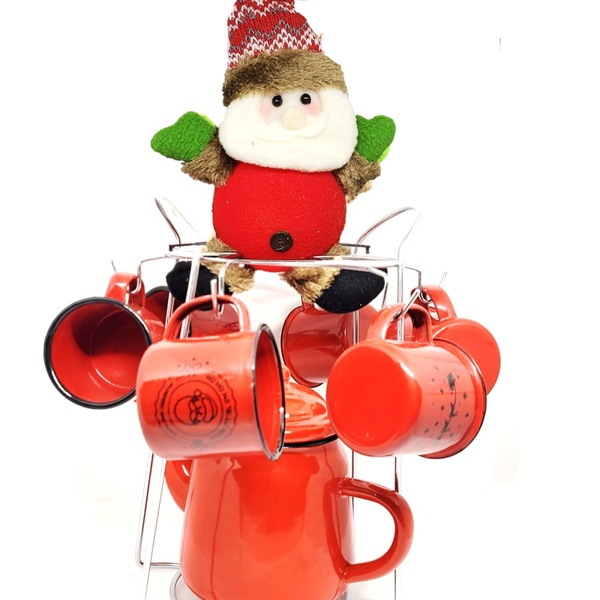 Jogo Ágata Natal Bule, Canecas Esmaltadas, Suporte Cromado E