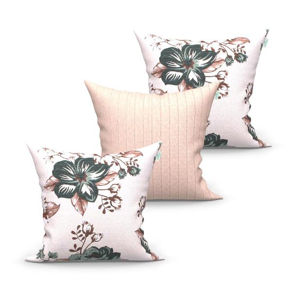 Jogo Almofada Bege Floral 3 Unidades 45cm X 45cm Tecido Jacqu