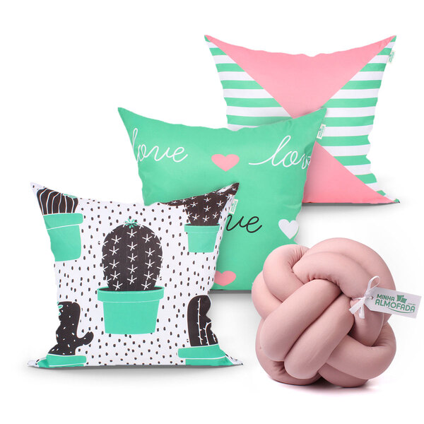 Jogo Almofada Para Quarto Estampada Rosê / Verde 3 Unidades +