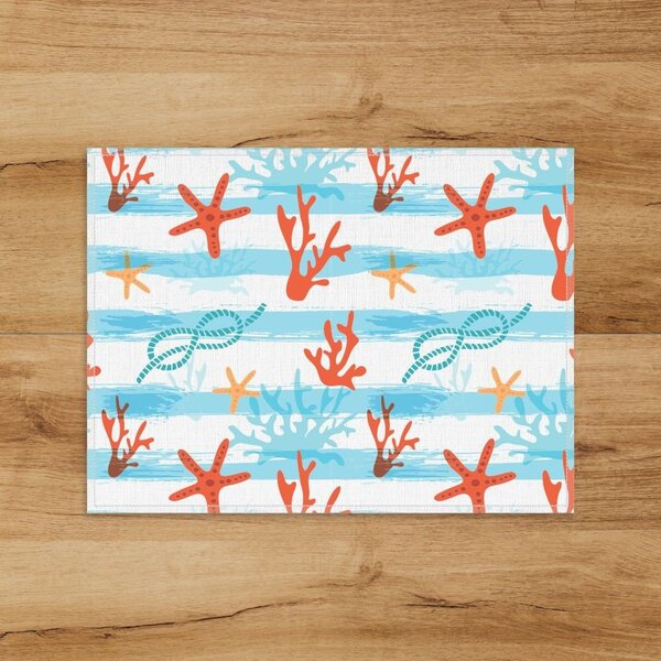 Jogo Americano Em Linho Fundo Branco E Azul Com Algas Marinha