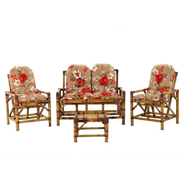 Jogo Bambu Namoradeira, 4 Lugares 4 Almofadas Mesa Centro