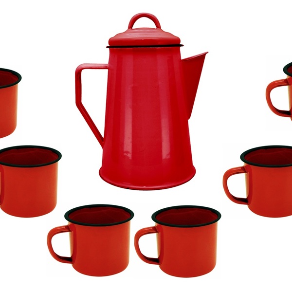 Jogo Bule Leiteira Esmaltada Vermelha 1,2 Litros E 6 Canecas