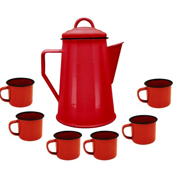 Jogo Bule Leiteira Esmaltada Vermelha 1,2 Litros E 6 Mini Can