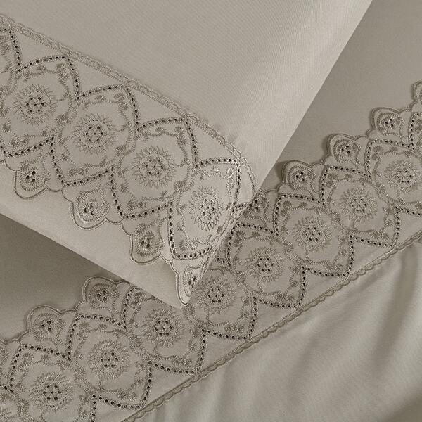 Jogo Cama King Cherry Bordado Inglês 4pç 100% Poliéster - Bege