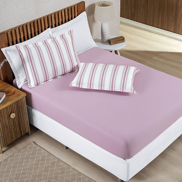 Jogo Cama Lençol Daily Queen Malha Algodão Listrado 3 Peças -