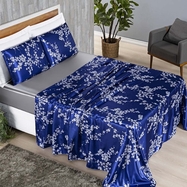 Jogo Cama Lençol Vine Queen Cetim Estampado Alto Brilho 4 Peç