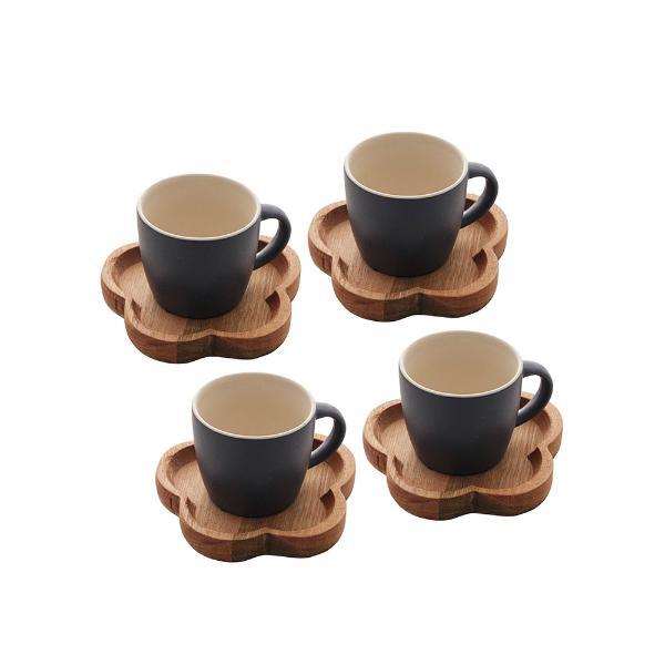 Jogo Canecas Com Pires De Madeira Woodart 4 Peças Azul