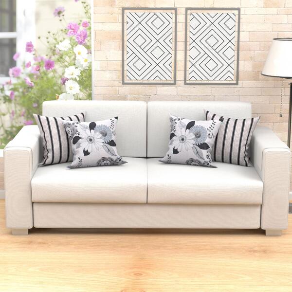 Jogo Capa Almofada Cinza Listrada E Floral Kit Com 4 Unidades