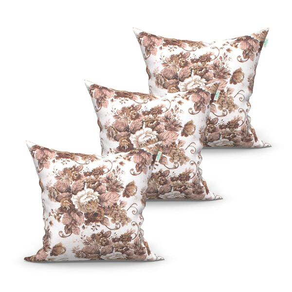 Jogo Capa Almofada Damasco Marrom Floral Estampada 3 Unidades