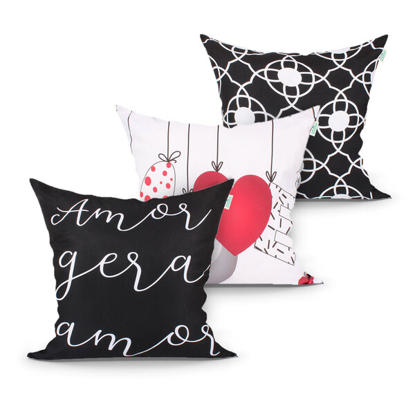 Jogo Capa Almofada Preta Estampada Decorativa Para Quarto Kit