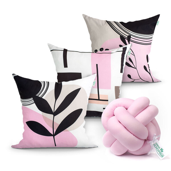 Jogo Capa Almofada Rosa Estampada Para Sala 3 Unidades 45cm +