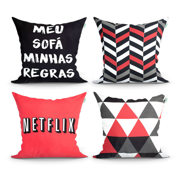 Jogo Capa Almofada Vermelha E Preta 4 Unidades 45cm X 45cm De