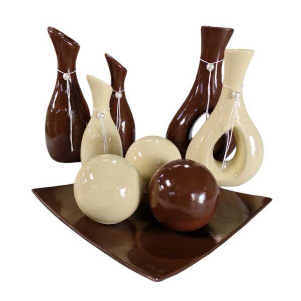 Jogo Ceramica Completo Para Decoração De Sala Betume Brilho -