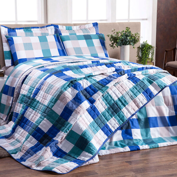 Jogo Cobre Leito Solteiro Estampado Xadrez Aqua 2 Peças 160 F