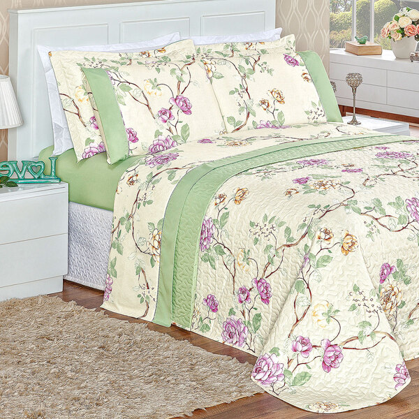 Jogo Cobre Leito Super King Verde Floral Estampado 200 Fios D