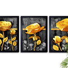 Jogo Com 3 Quadros Sala 60x40 Rosas Douradas
