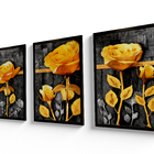 Jogo Com 3 Quadros Sala 60x40 Rosas Douradas