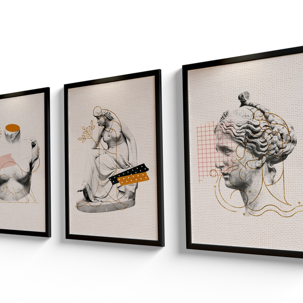 Jogo Com 3 Quadros Sala Grande Estátua De Mármore