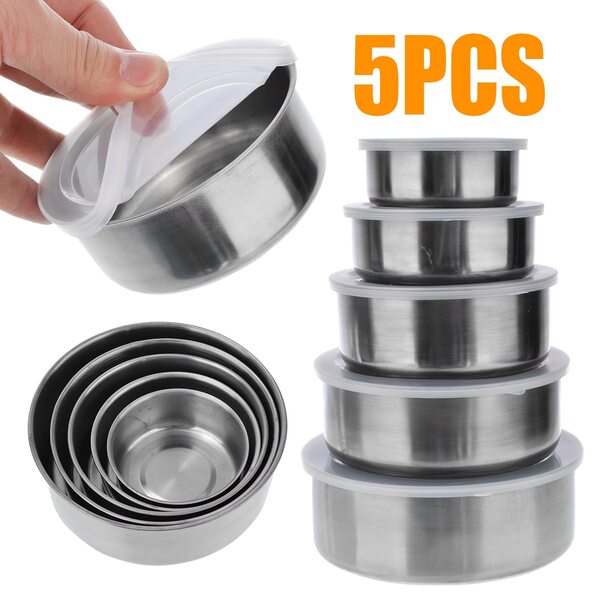 Jogo Conjunto De Tigelas Bowl Potes Com Tampa Aço Inox 5 Pçs
