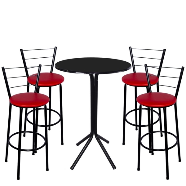 Jogo De 4 Banquetas Preta Assento Vermelho Com Bistro Preto