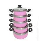 Jogo De 5 Panelas Rosa Alumínio Grosso Com Tampa De Vidro