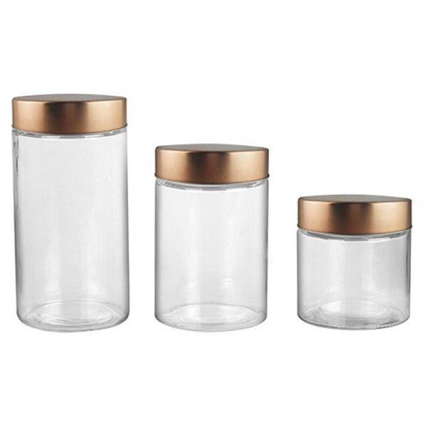 Jogo De  3 Potes Porta Mantimentos Redondos Em Vidro Com Tamp