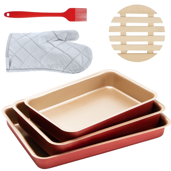 Jogo De Assadeira Retangular 03 Peças Antiaderentes + Luva Té