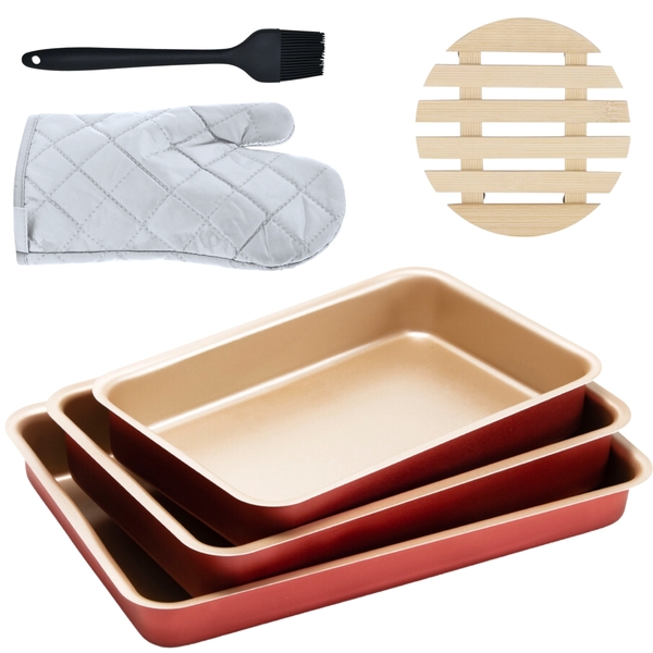 Jogo De Assadeira Retangular 03 Peças Antiaderentes + Luva Té