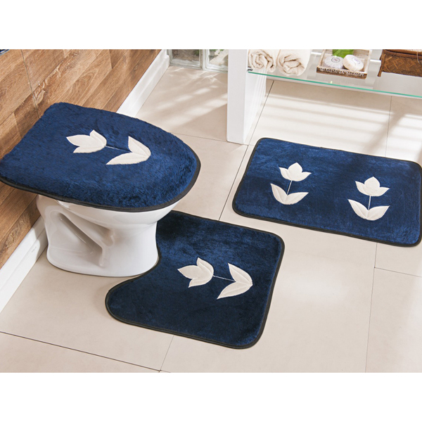 Jogo De Banheiro Azul Marinho Tulipa 3 Peças Antiderrapante