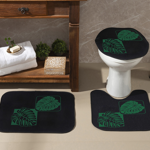 Jogo De Banheiro Preto Costela De Adão 03 Peças - Antiderrapa