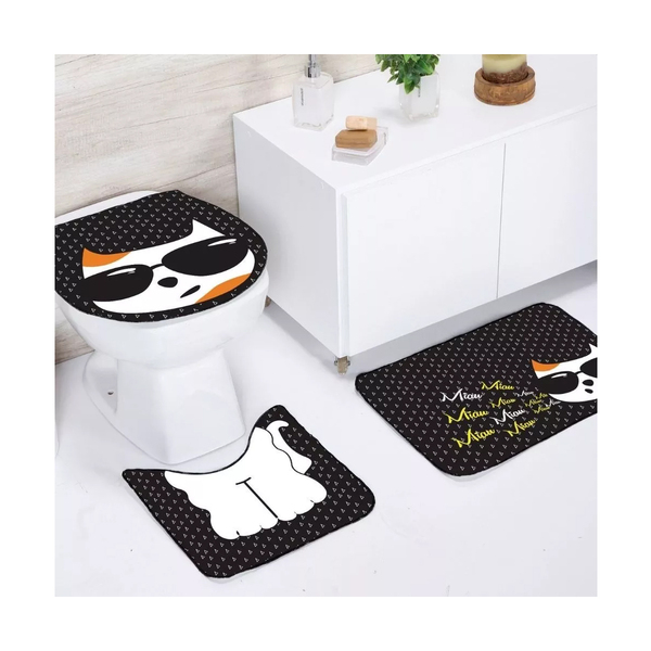 Jogo De Banheiro Tapete Miau 3 Peças Conjunto Estampado