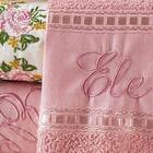 Jogo De Banho Bordado Ponto Russo 05 Peças - Rosê/palha